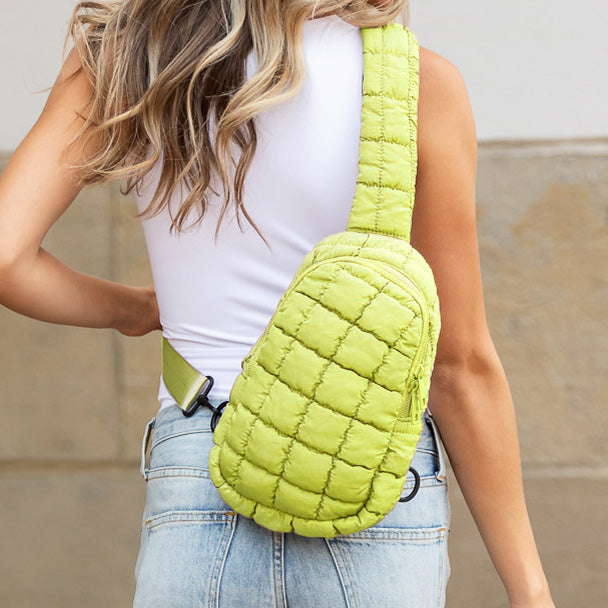 Skyler Quilted Puffer Nylon Sling Bag with Double D-Ring Clasps