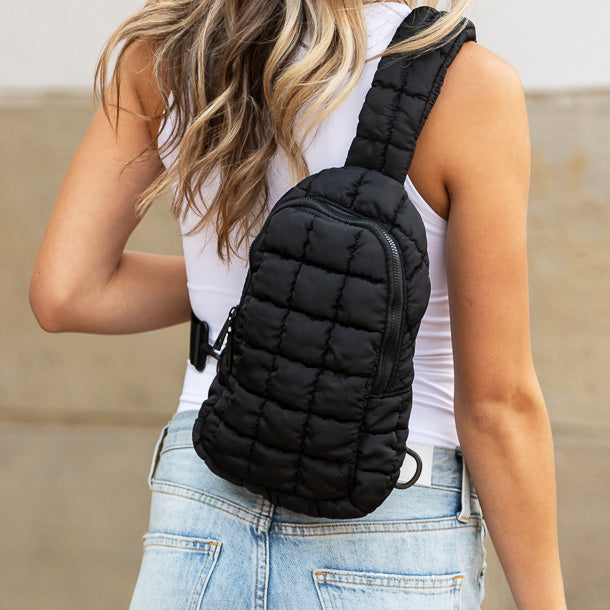 Skyler Quilted Puffer Nylon Sling Bag with Double D-Ring Clasps