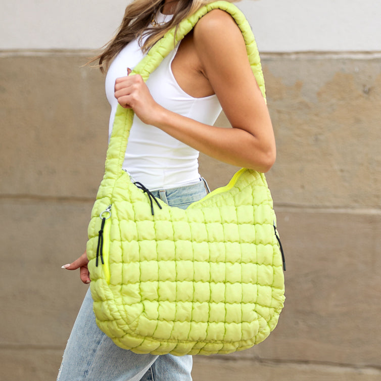 Taylor Quilted Puffer Nylon Tote Bag with Zip Pockets & Interior Organization | Almond, Black, Citrine, Slate Blue, White, Emerald