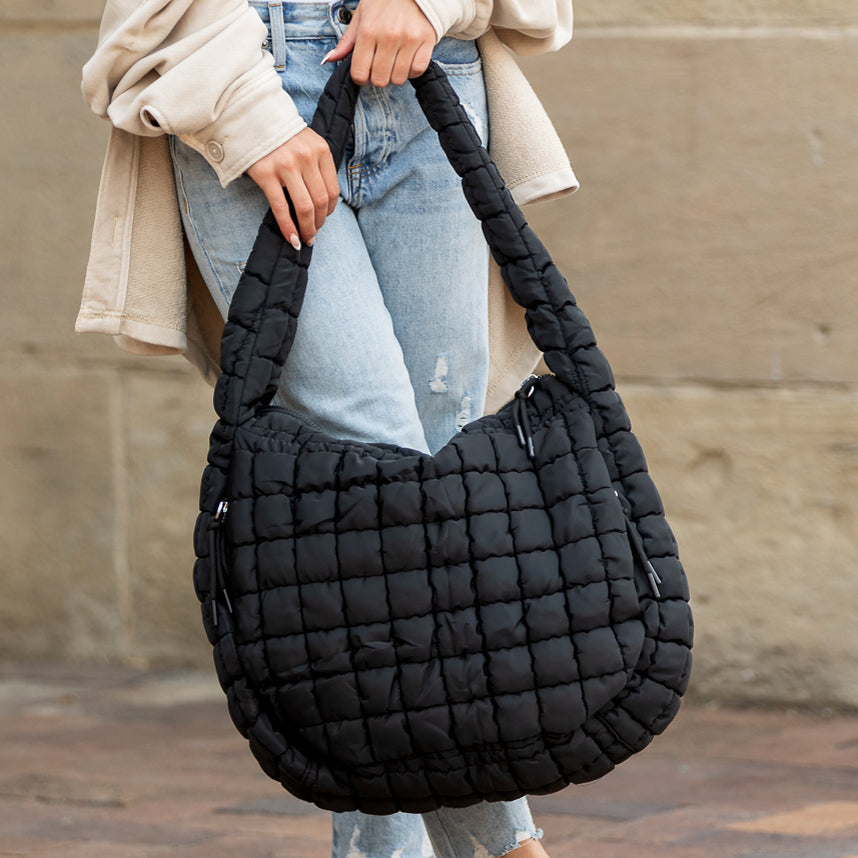 Taylor Quilted Puffer Nylon Tote Bag with Zip Pockets & Interior Organization | Almond, Black, Citrine, Slate Blue, White, Emerald