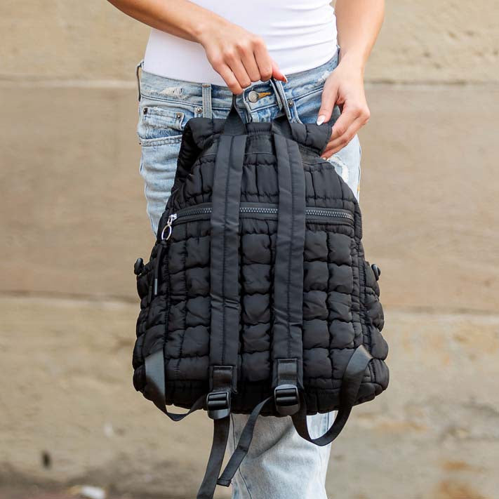 Stevie Quilted Puffer Easy-Wipe Nylon Backpack with Front Compartment & Multiple Pockets | Black, Citrine, Ivory, Mauve, Pebble, Slate Blue