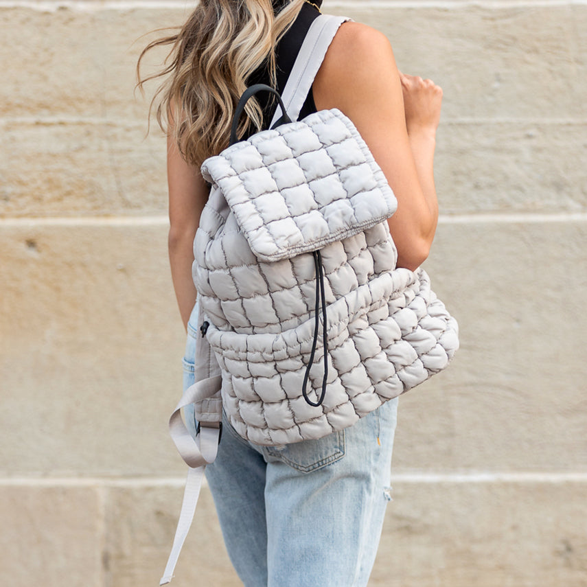 Stevie Quilted Puffer Easy-Wipe Nylon Backpack with Front Compartment & Multiple Pockets | Black, Citrine, Ivory, Mauve, Pebble, Slate Blue