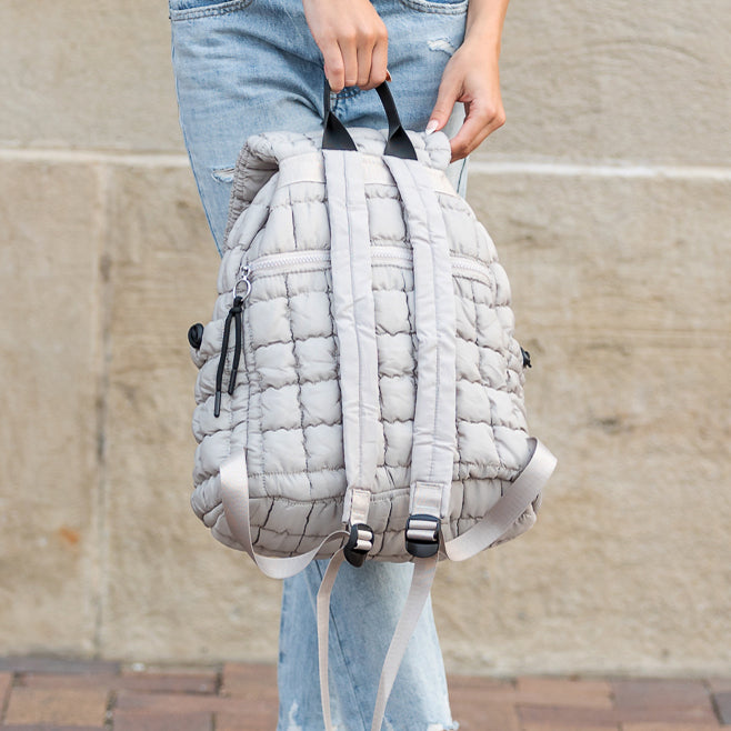 Stevie Quilted Puffer Easy-Wipe Nylon Backpack with Front Compartment & Multiple Pockets | Black, Citrine, Ivory, Mauve, Pebble, Slate Blue
