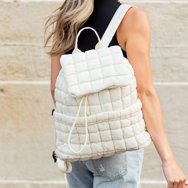 Stevie Quilted Puffer Easy-Wipe Nylon Backpack with Front Compartment & Multiple Pockets | Black, Citrine, Ivory, Mauve, Pebble, Slate Blue