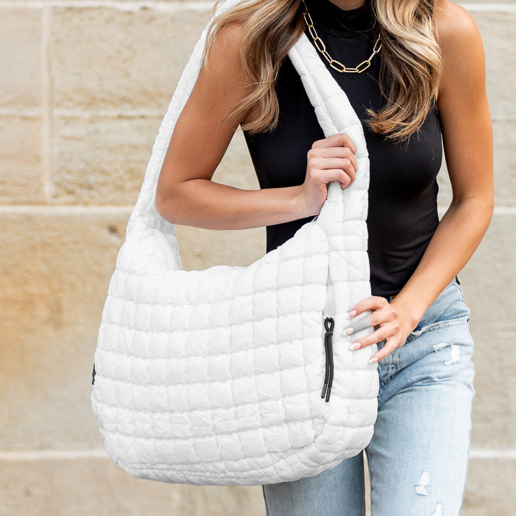 Taylor Quilted Puffer Nylon Tote Bag with Zip Pockets & Interior Organization | Almond, Black, Citrine, Slate Blue, White, Emerald