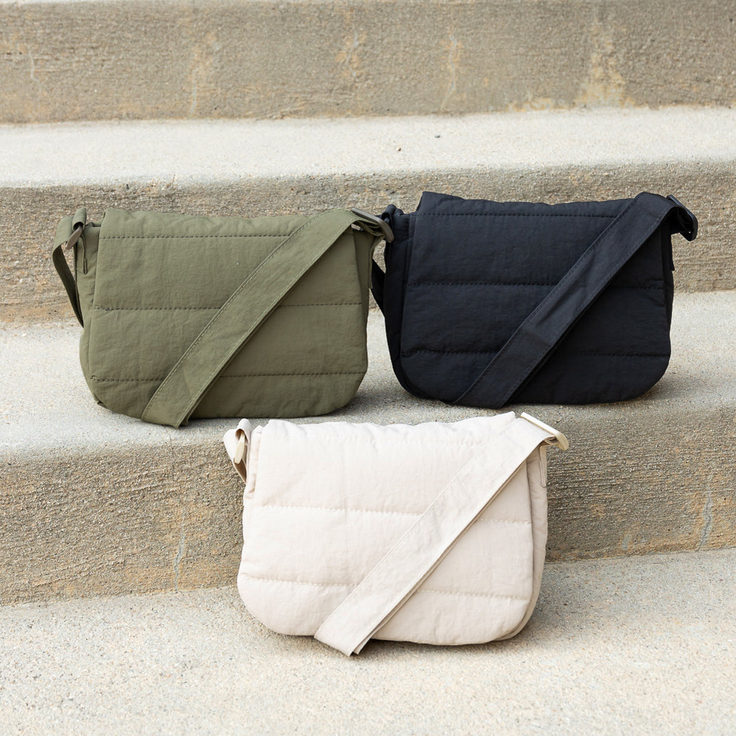 Afton Quilted Puffer Easy-Wipe Nylon Foldover Crossbody Bag with Magnetic Clasp | Almond, Black, Gray, Olive