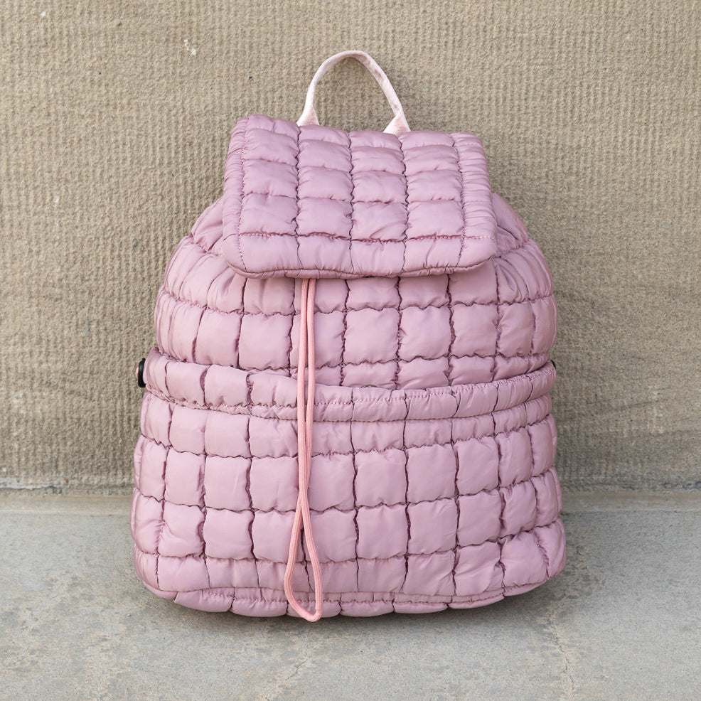 Stevie Quilted Puffer Easy-Wipe Nylon Backpack with Front Compartment & Multiple Pockets | Black, Citrine, Ivory, Mauve, Pebble, Slate Blue