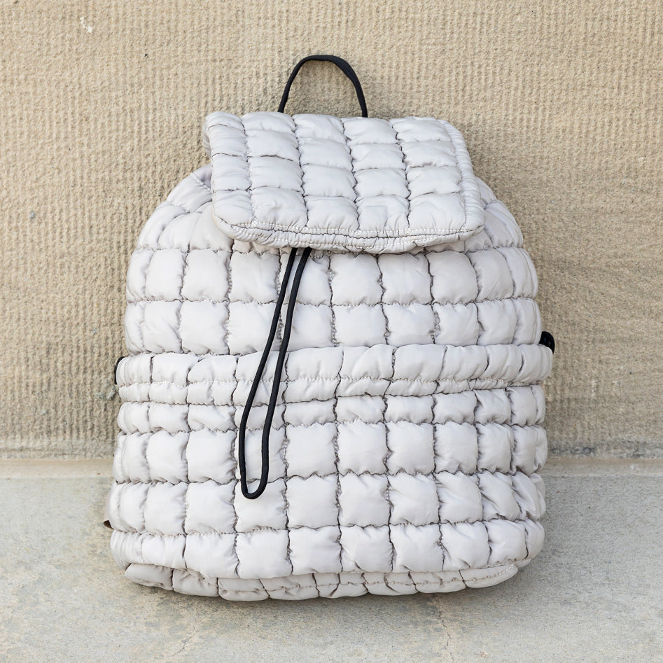 Stevie Quilted Puffer Easy-Wipe Nylon Backpack with Front Compartment & Multiple Pockets | Black, Citrine, Ivory, Mauve, Pebble, Slate Blue