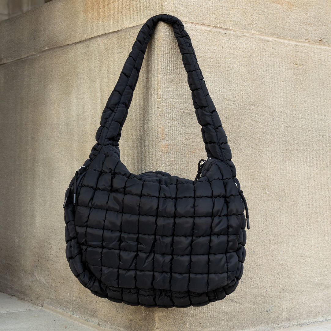 Taylor Quilted Puffer Nylon Tote Bag with Zip Pockets & Interior Organization | Almond, Black, Citrine, Slate Blue, White, Emerald