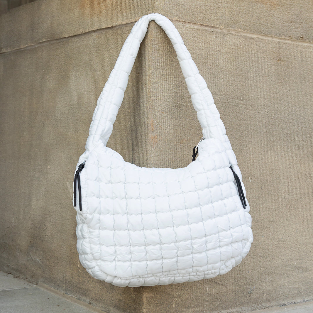 Taylor Quilted Puffer Nylon Tote Bag with Zip Pockets & Interior Organization | Almond, Black, Citrine, Slate Blue, White, Emerald