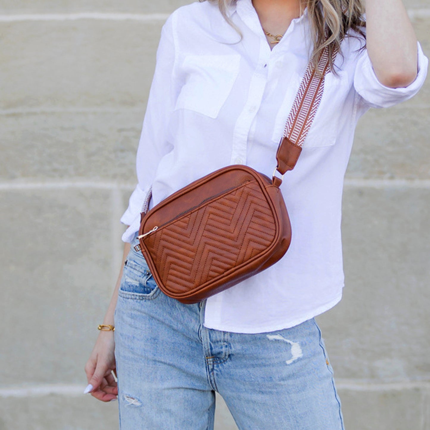 Everly Soft PU Vegan Leather Camera Crossbody Bag with Guitar Strap & Multiple Pockets | Black, Black/Cognac, Cognac, White/Cognac