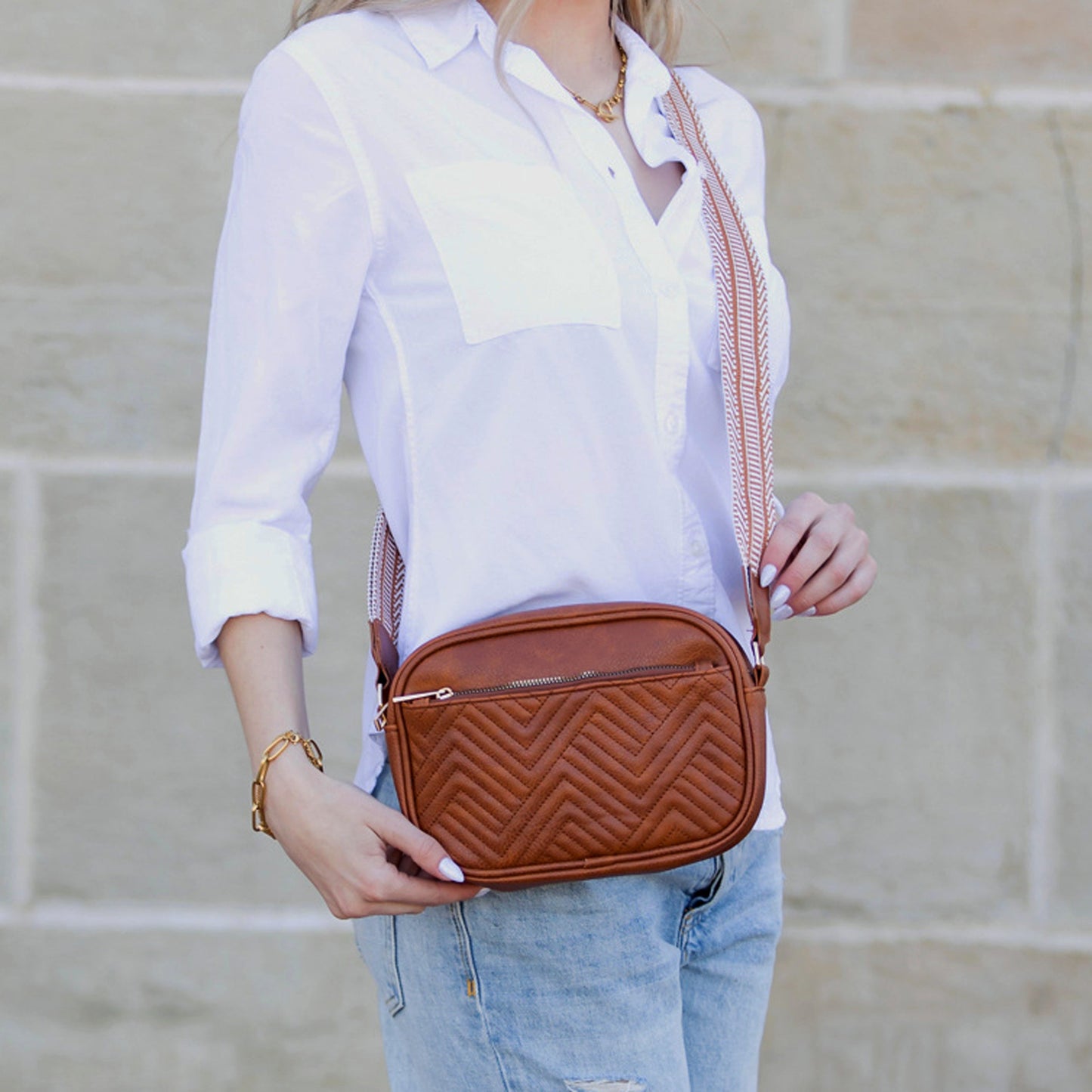 Everly Soft PU Vegan Leather Camera Crossbody Bag with Guitar Strap & Multiple Pockets | Black, Black/Cognac, Cognac, White/Cognac