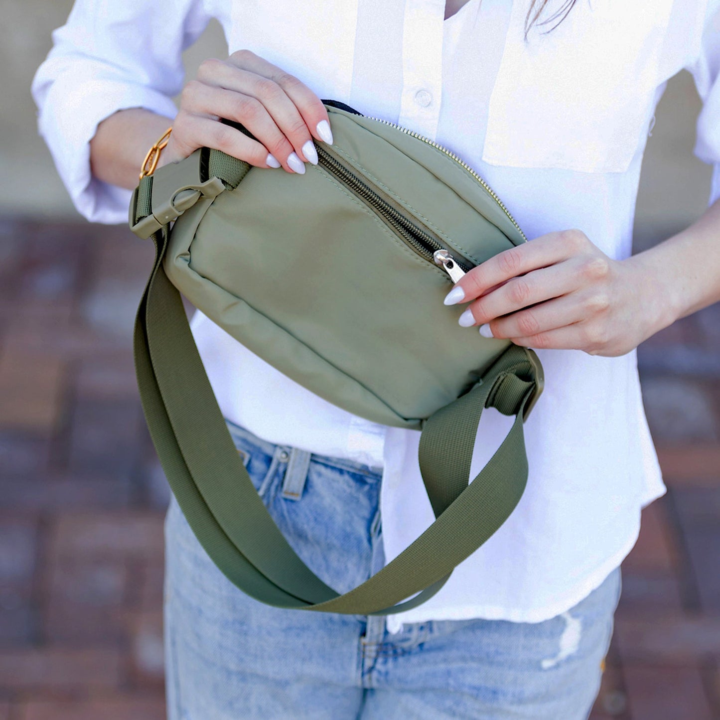 Roam Easy Wipe Nylon Padded 2L Sling Crossbody Belt Bag with Gold Hardware