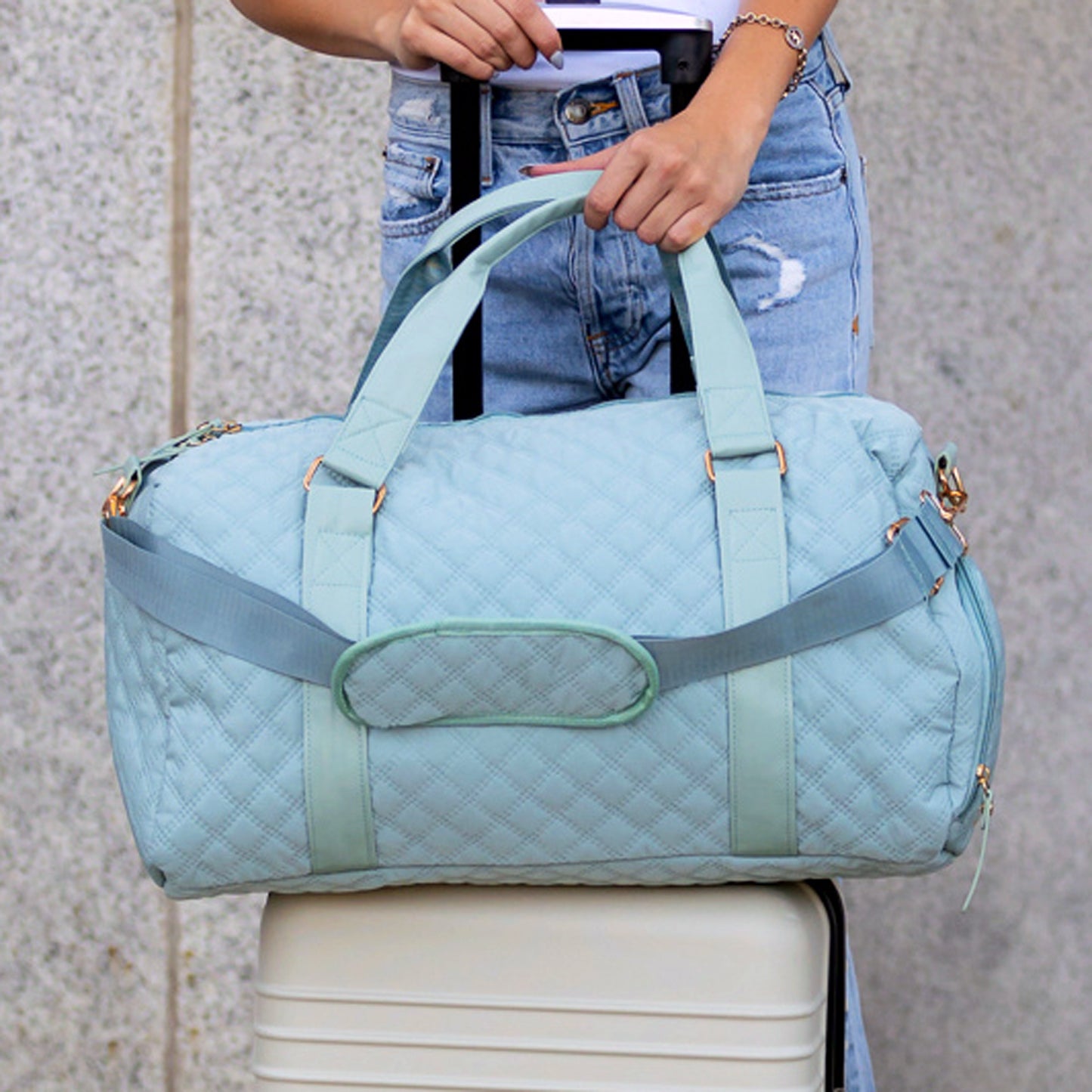 Zahra Quilted Water-Resistant Oxford Weekender Travel Bag with Shoe Compartment & Luggage Sleeve | Bisque, Black, French Blue
