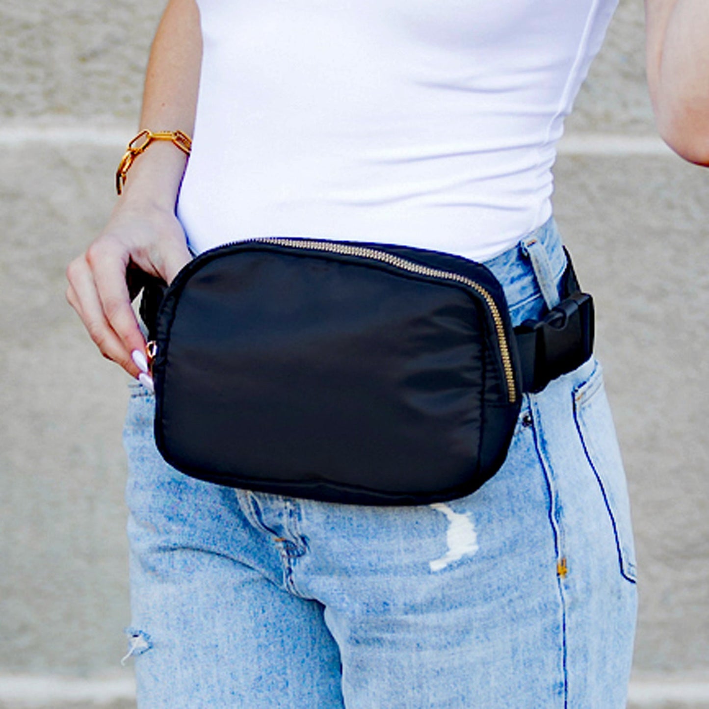 Roam Easy Wipe Nylon Padded 2L Sling Crossbody Belt Bag with Gold Hardware
