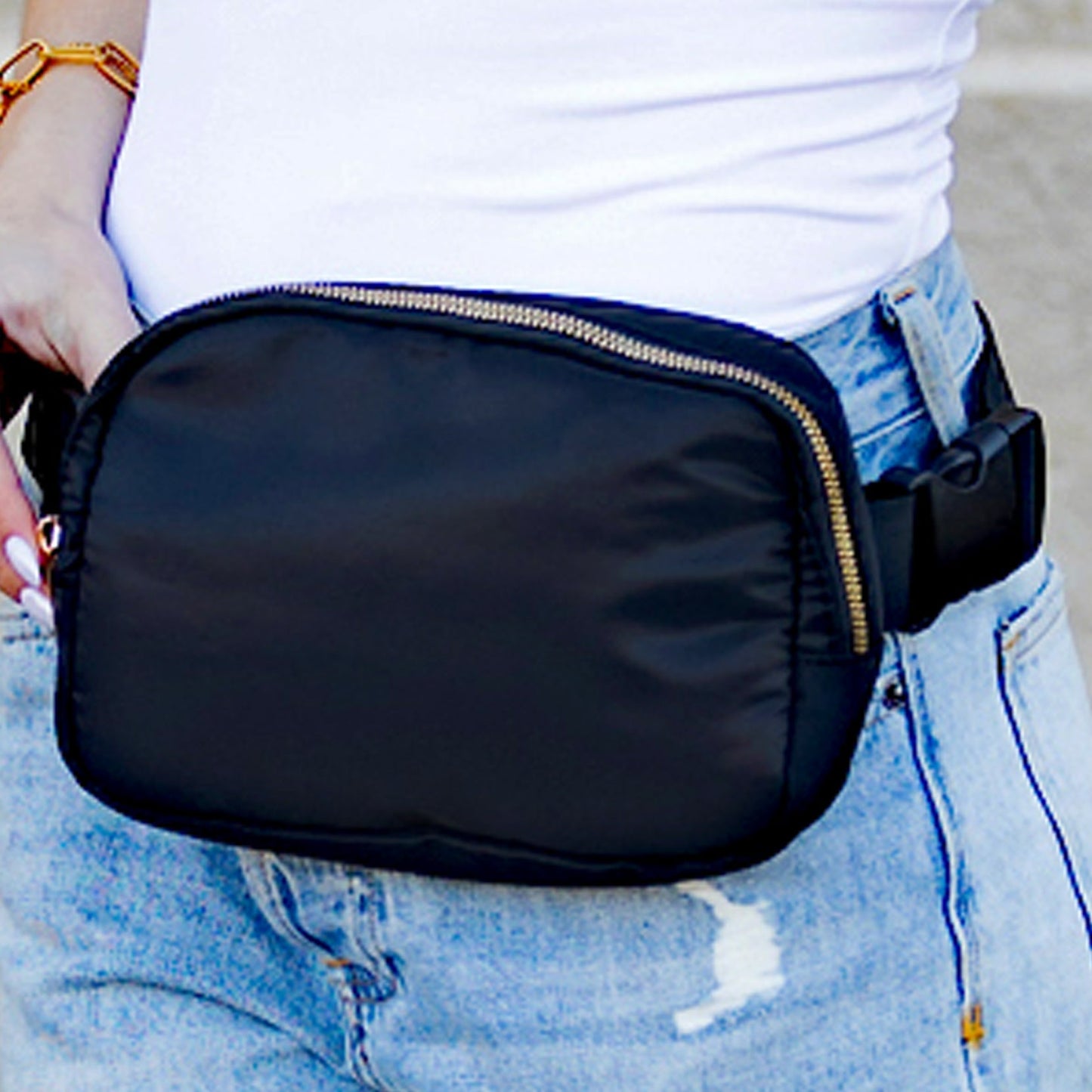 Roam Easy Wipe Nylon Padded 2L Sling Crossbody Belt Bag with Gold Hardware