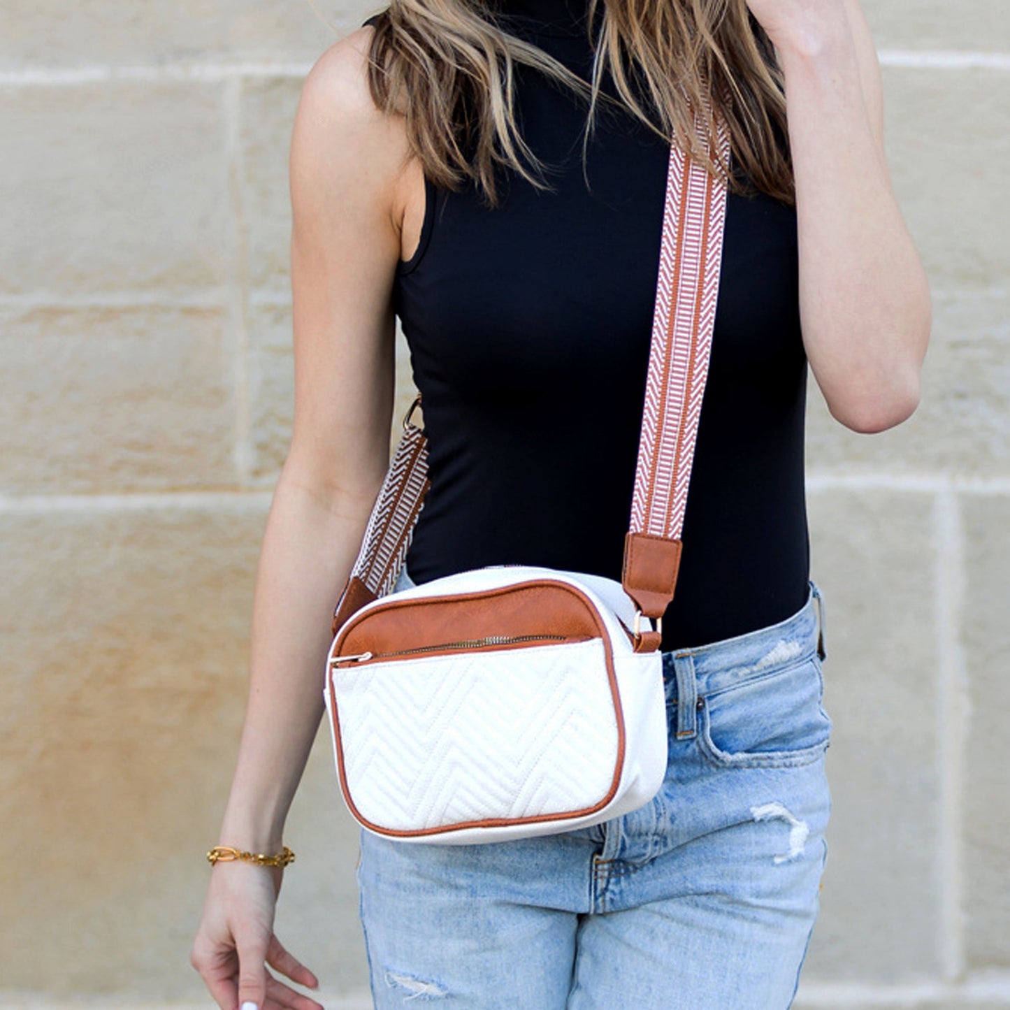 Everly Soft PU Vegan Leather Camera Crossbody Bag with Guitar Strap & Multiple Pockets | Black, Black/Cognac, Cognac, White/Cognac