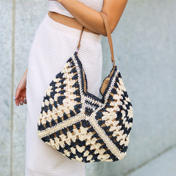 Dahlia Woven Straw Shoulder Bag with Vegan Leather Strap & Magnetic Clasp | Black Multi, Khaki, Khaki Multi, Straw