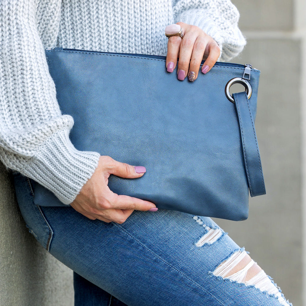 Soft Vegan PU Leather 100% Polyester Lined Grommet Detail Oversized Wristlet Clutch | 12" x 8"