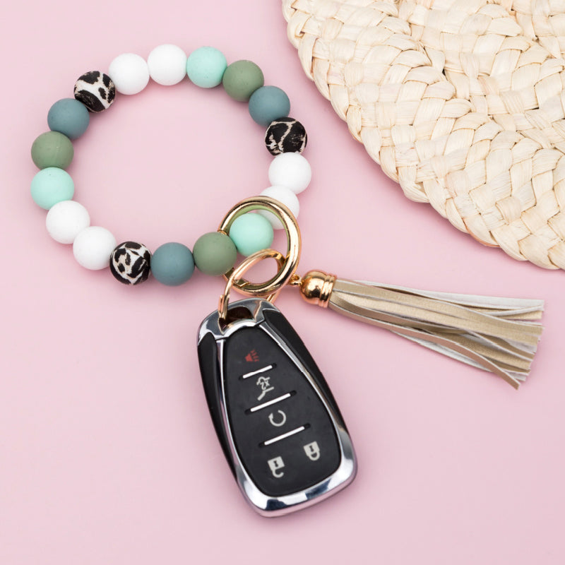 Luxe Silicone Bead Leopard Accent Monochromatic Stretchy Key Ring Bracelet with Suede Tassel | 4"