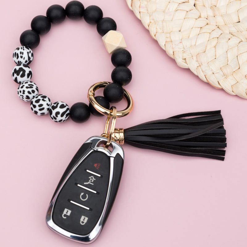 Silicone Cow & Leopard Print Gold Accent Bead Suede Tassel Stretchy Key Ring Bracelet | 4"