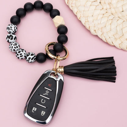 Silicone Cow & Leopard Print Gold Accent Bead Suede Tassel Stretchy Key Ring Bracelet | 4"