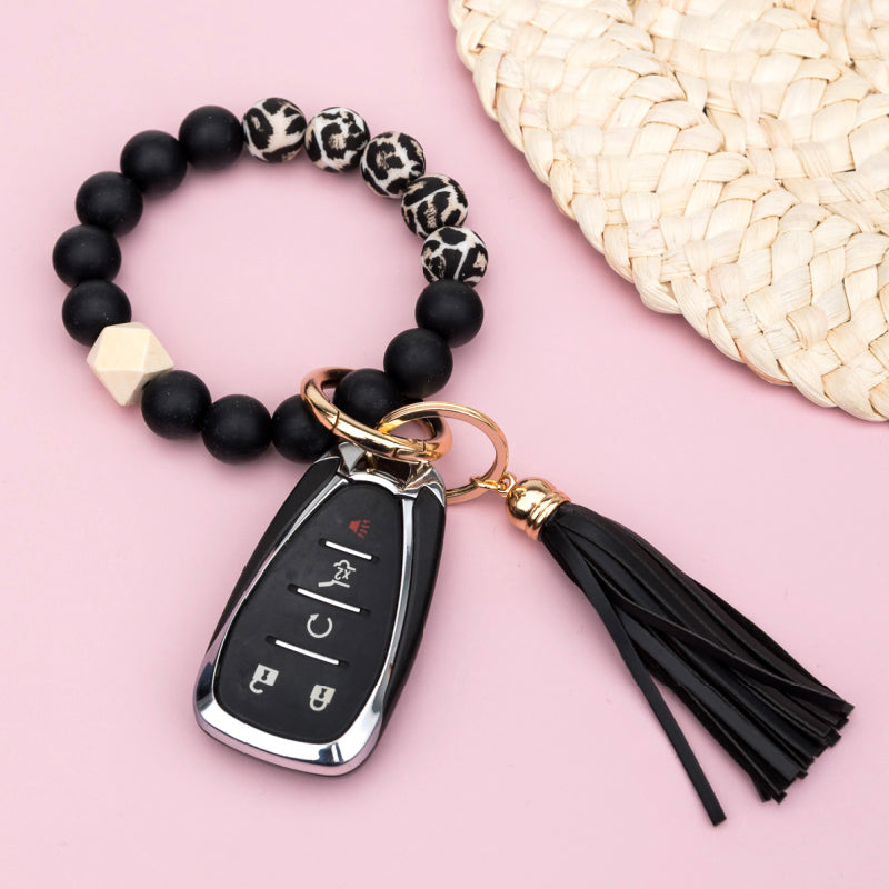 Silicone Cow & Leopard Print Gold Accent Bead Suede Tassel Stretchy Key Ring Bracelet | 4"