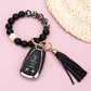 Silicone Cow & Leopard Print Gold Accent Bead Suede Tassel Stretchy Key Ring Bracelet | 4"