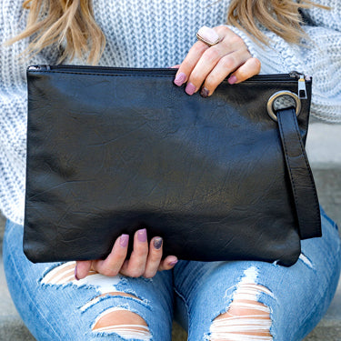 Soft Vegan PU Leather 100% Polyester Lined Grommet Detail Oversized Wristlet Clutch | 12" x 8"