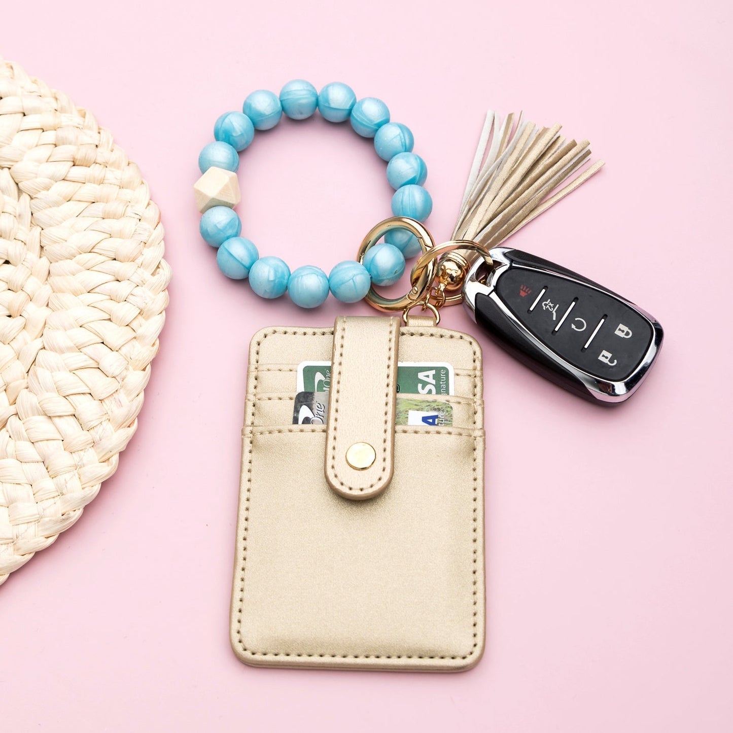 Luxe Silicone Bead Geo Wood Accent Gold Hardware Button Snap Key Ring Wallet Bracelet with Tassel | 4" x 3"