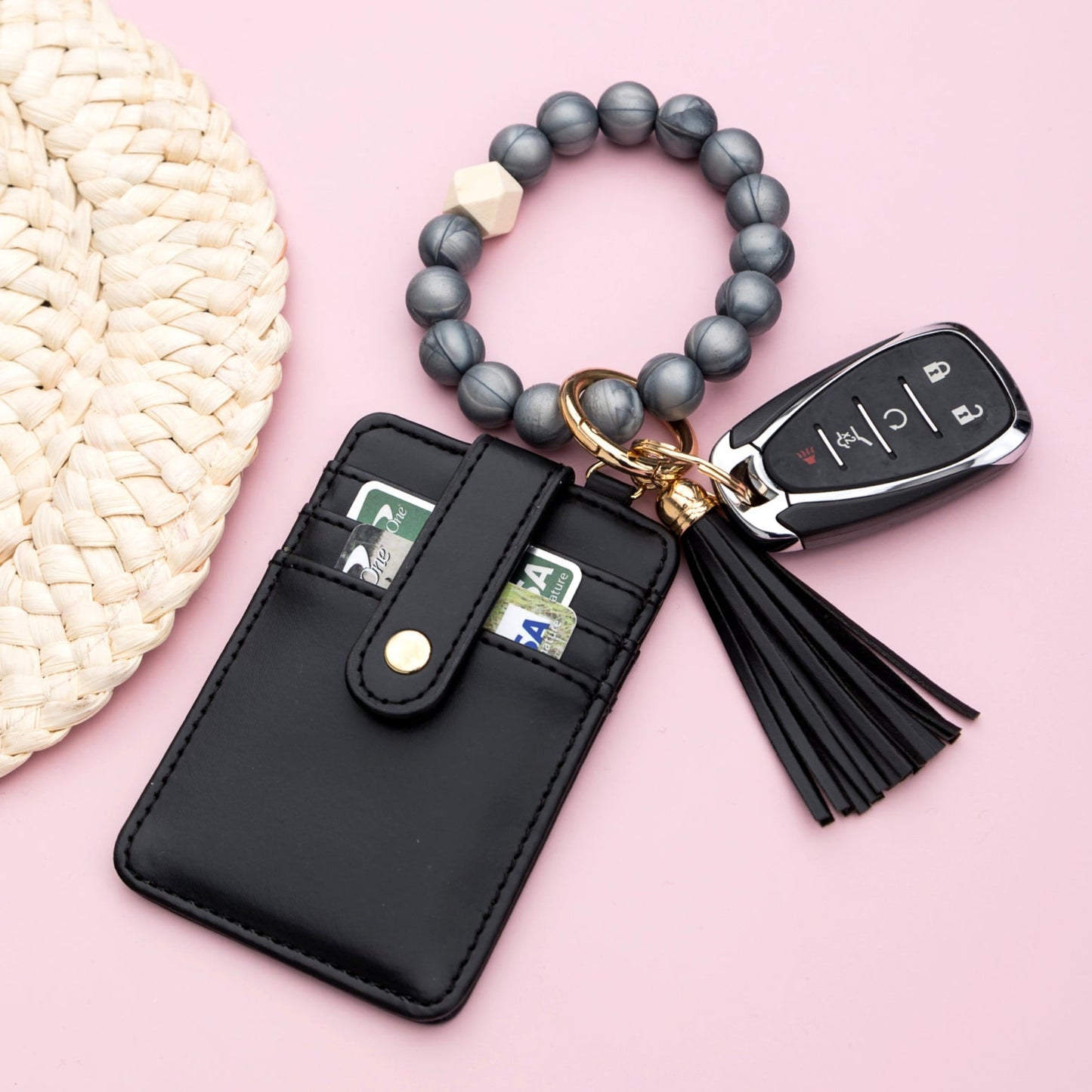 Luxe Silicone Bead Geo Wood Accent Gold Hardware Button Snap Key Ring Wallet Bracelet with Tassel | 4" x 3"