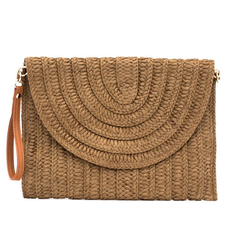 Woven Straw Exterior 30% Cotton 70% Polyester Lined Fold-Over Convertible Wristlet Crossbody Clutch | 8" x 11"