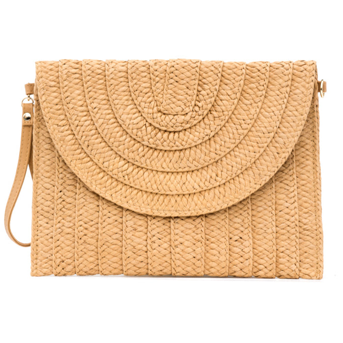 Woven Straw Exterior 30% Cotton 70% Polyester Lined Fold-Over Convertible Wristlet Crossbody Clutch | 8" x 11"