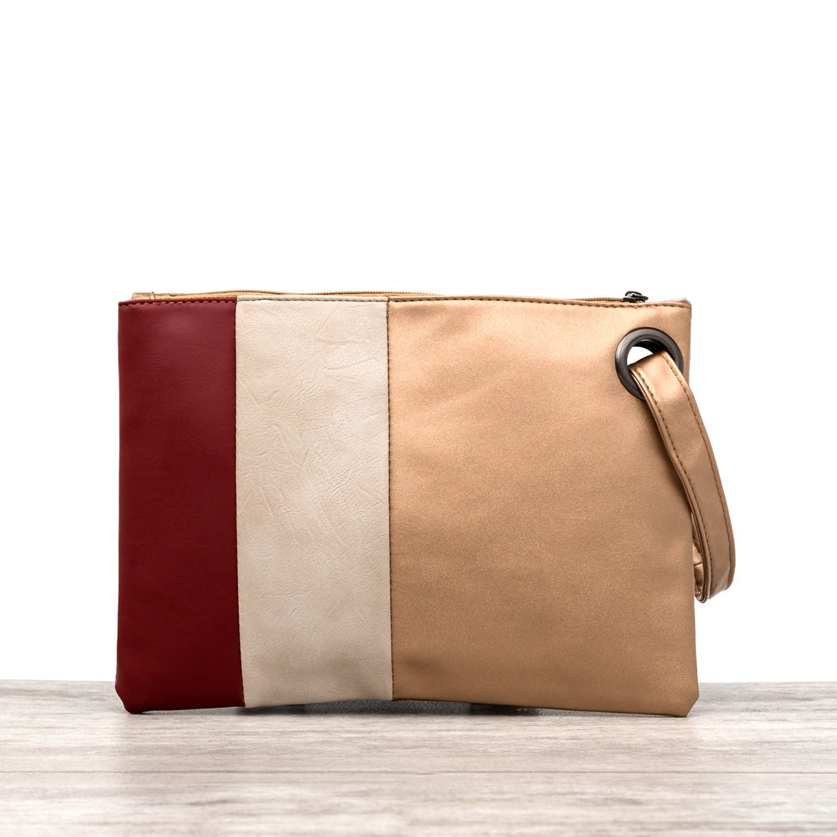 Soft Vegan PU Leather 100% Polyester Lined Color Block Grommet Wristlet Clutch | 12" x 8"
