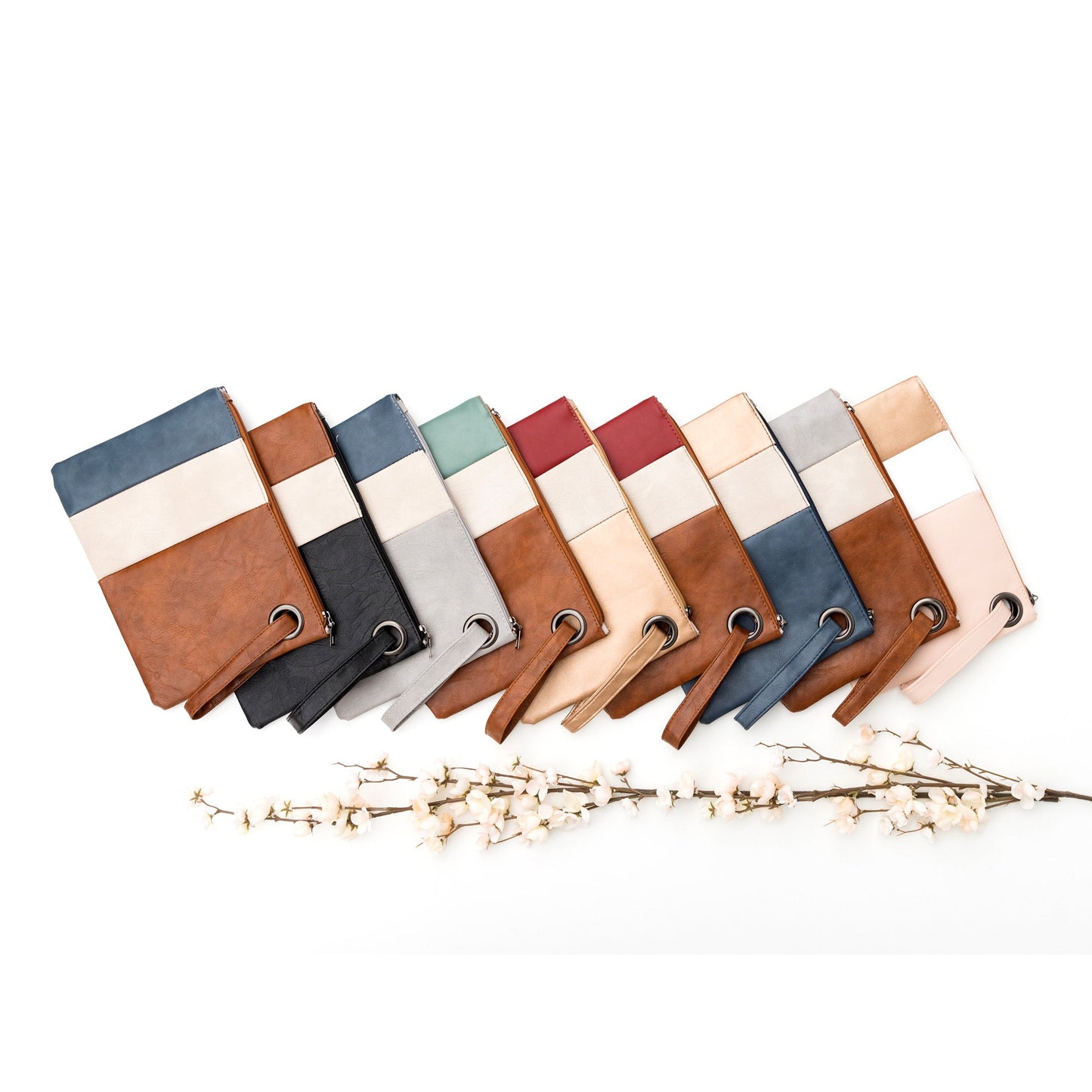 Soft Vegan PU Leather 100% Polyester Lined Color Block Grommet Wristlet Clutch | 12" x 8"