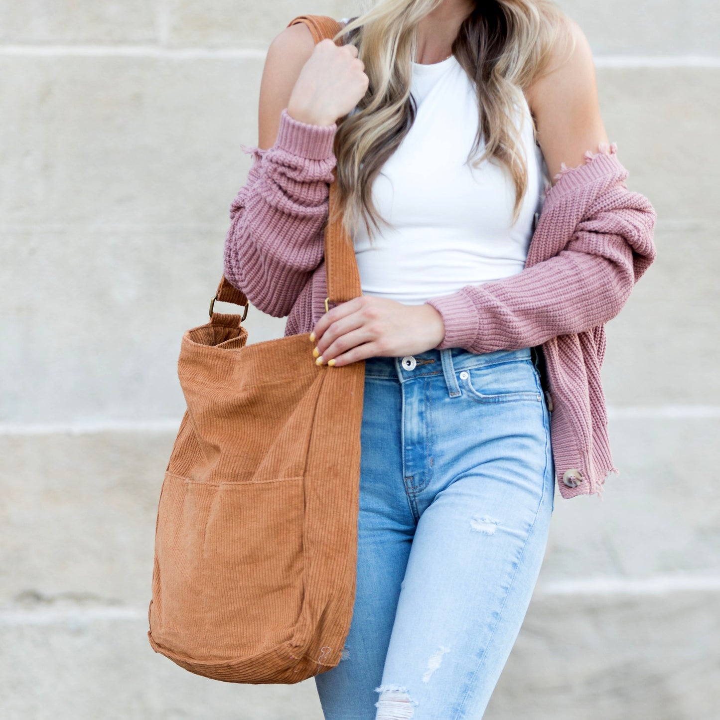 100% Cotton Corduroy Magnetic Clasp Adjustable Strap Messenger Bag with Bronze Hardware | 16" x 15"