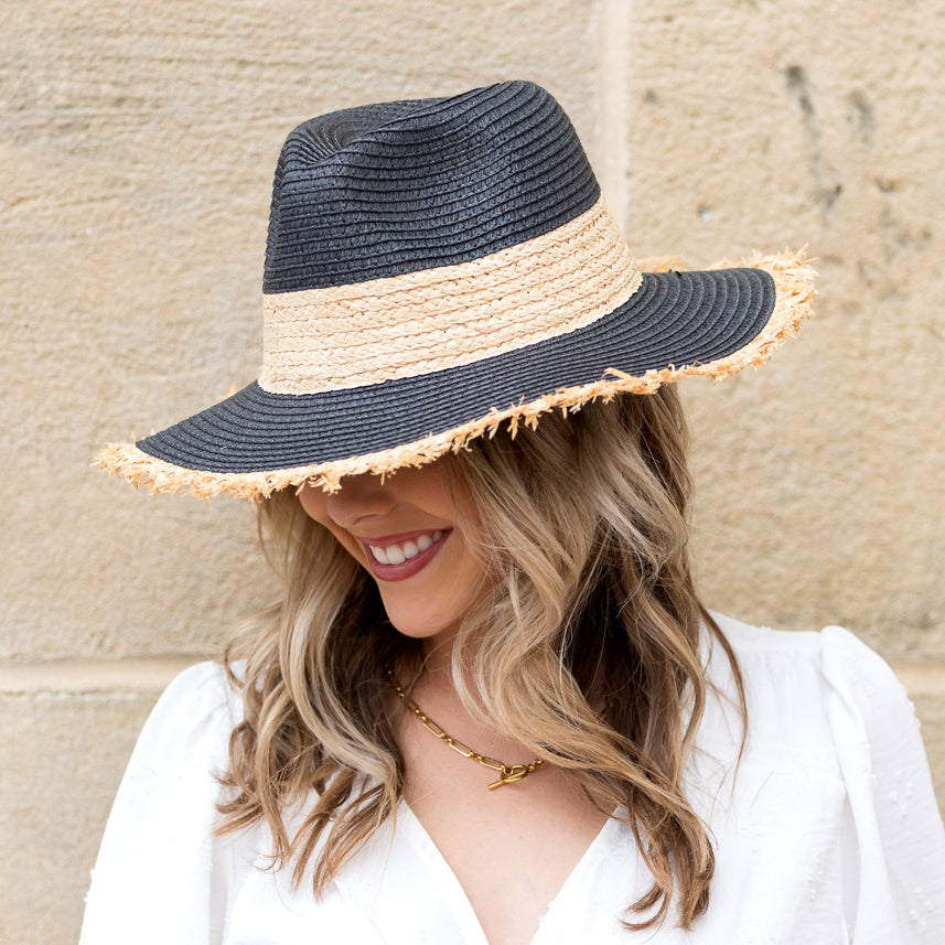 100% Paper Straw Cross Weave Fray Edge Rattan Accent Panama Hat | One Size