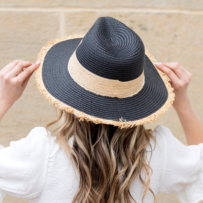 100% Paper Straw Cross Weave Fray Edge Rattan Accent Panama Hat | One Size