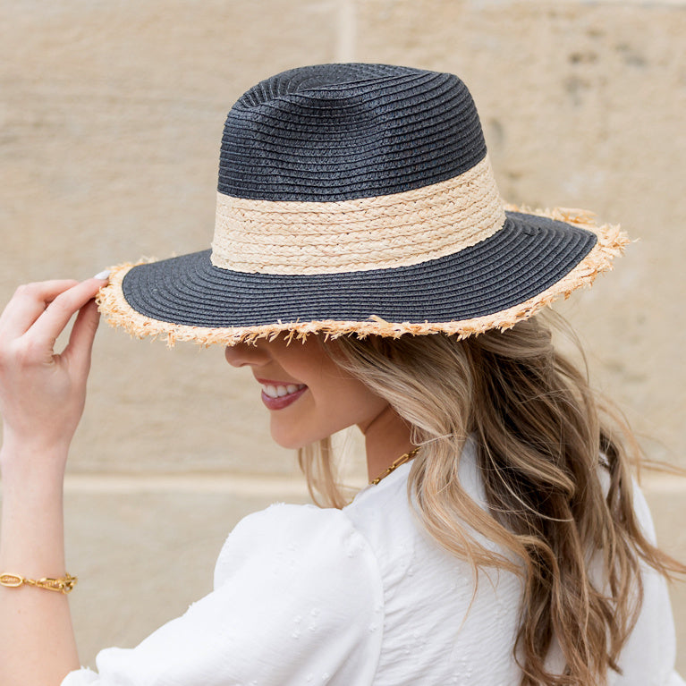 100% Paper Straw Cross Weave Fray Edge Rattan Accent Panama Hat | One Size