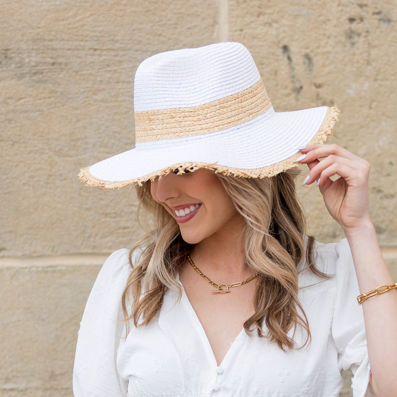 100% Paper Straw Cross Weave Fray Edge Rattan Accent Panama Hat | One Size