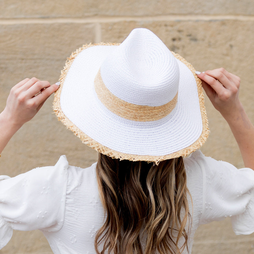 100% Paper Straw Cross Weave Fray Edge Rattan Accent Panama Hat | One Size