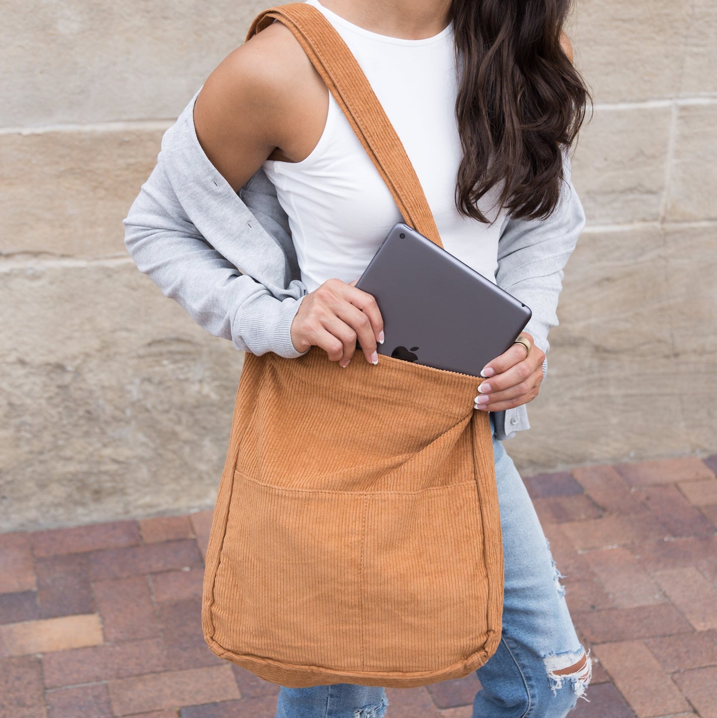 100% Cotton Corduroy Magnetic Clasp Adjustable Strap Messenger Bag with Bronze Hardware | 16" x 15"