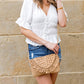 Sofia Woven Straw Foldover Flap Crossbody Bag with Hand-Tied Rattan Edge Detail | Khaki, Straw