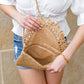 Sofia Woven Straw Foldover Flap Crossbody Bag with Hand-Tied Rattan Edge Detail | Khaki, Straw