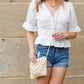 Sofia Woven Straw Foldover Flap Crossbody Bag with Hand-Tied Rattan Edge Detail | Khaki, Straw