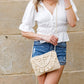 Sofia Woven Straw Foldover Flap Crossbody Bag with Hand-Tied Rattan Edge Detail | Khaki, Straw