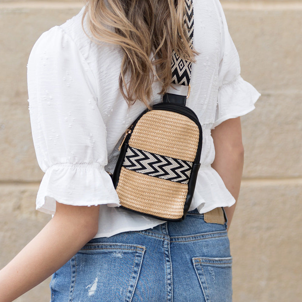 Naomi Vegan Leather & Woven Straw Mixed Media Guitar Strap Sling Bag