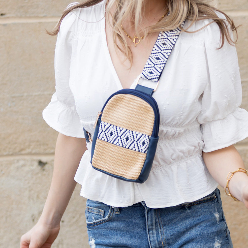 Naomi Vegan Leather & Woven Straw Mixed Media Guitar Strap Sling Bag
