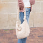 Boucle Sherpa Plush Polyester Messenger Bag with Magnetic Clasp & Self-Tie Adjustable Strap | Beige, Ivory, Black