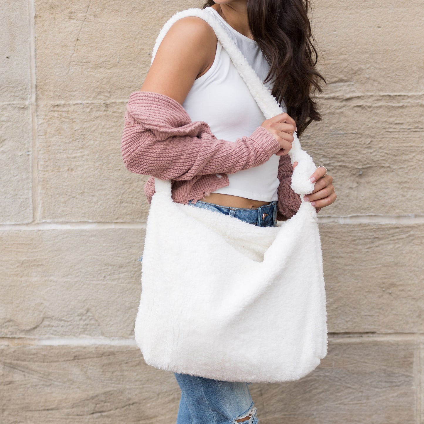 Boucle Sherpa Plush Polyester Messenger Bag with Magnetic Clasp & Self-Tie Adjustable Strap | Beige, Ivory, Black